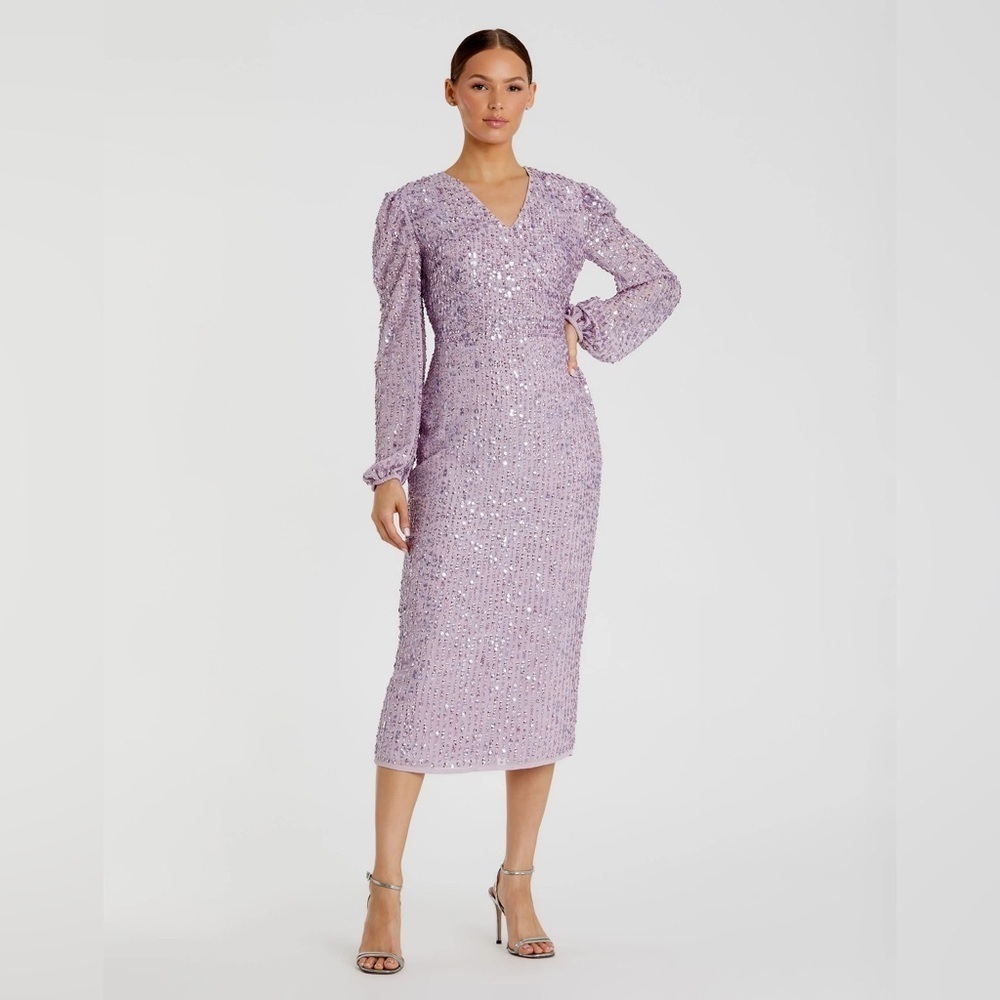 Mac Duggal 10764 Nwot Sequined Illusion Puff Sleeve V Neck Midi Dress